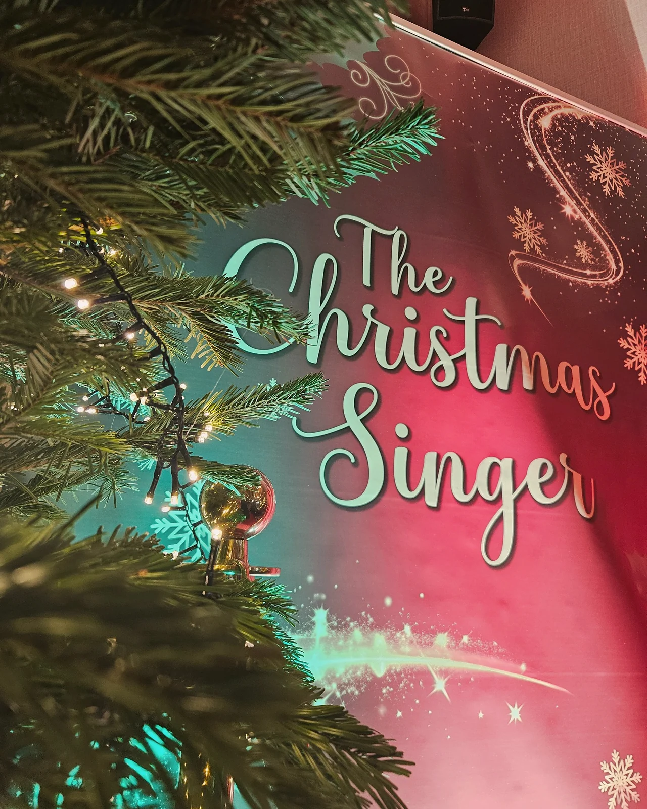 Banner van De Kerstzanger achter een verlichte kerstboom