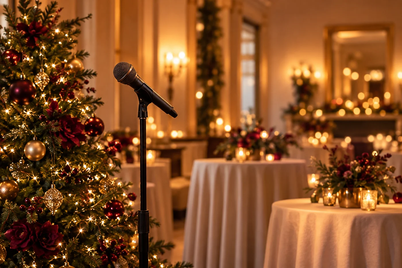 Sfeerillustratie van een microfoon in een feestelijke ruimte met kerstversiering.