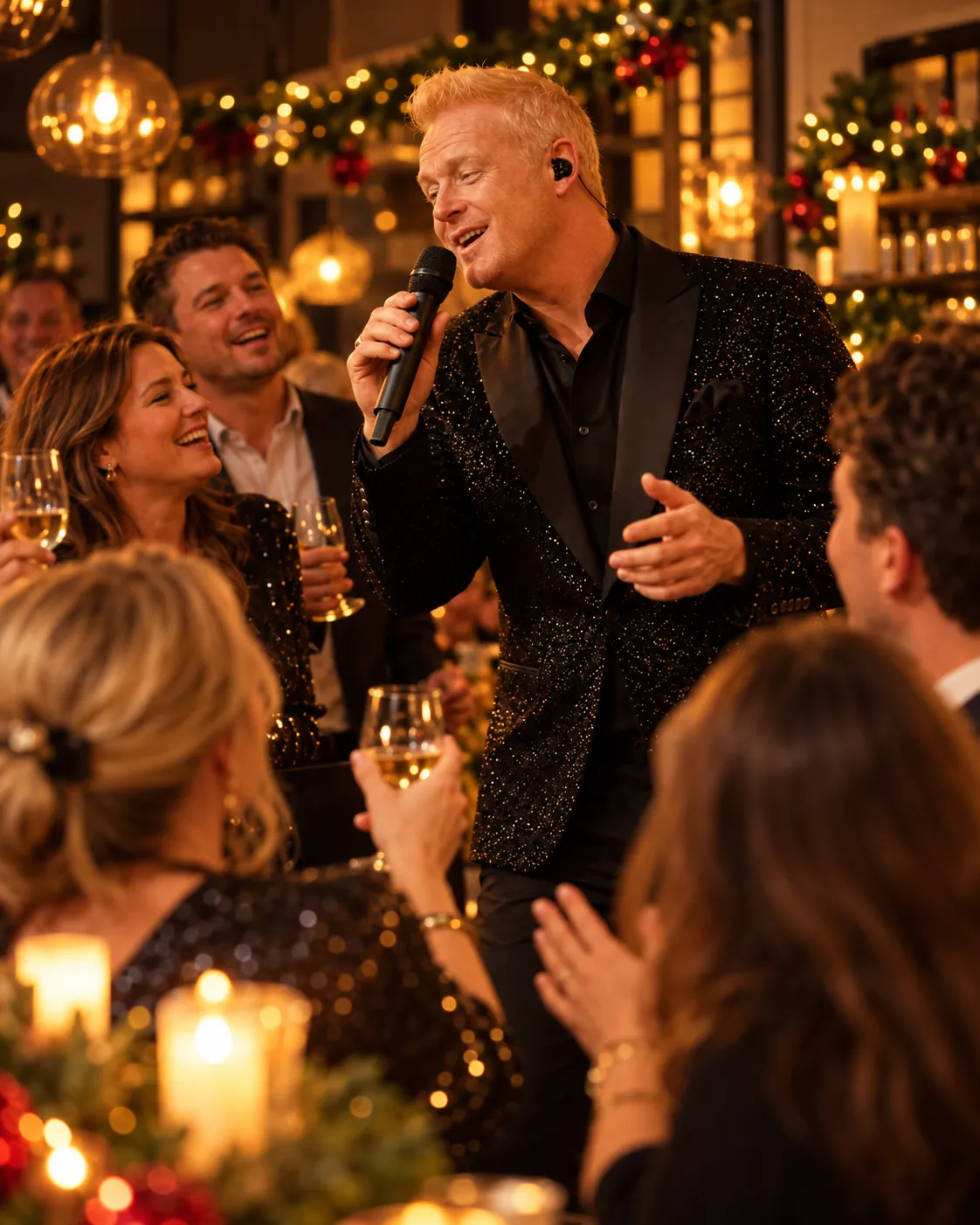 De Kerstzanger zingt tussen de gasten op een kerstborrel